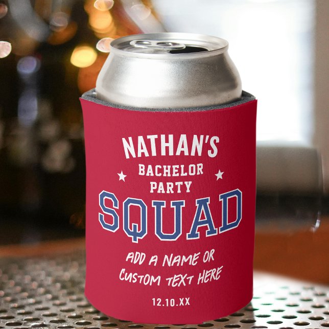 Personalised Bachelor Party Squad Crimson Red Navy Can Cooler (Creator Uploaded)