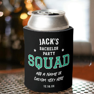 Personalised Bachelor Party Squad Green Black Can Cooler