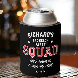 Personalised Bachelor Party Squad Red Black Can Cooler