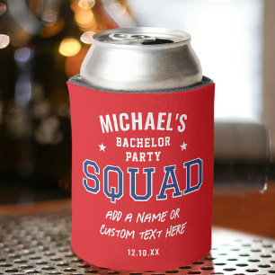 Personalised Bachelor Party Squad Red Navy Can Cooler