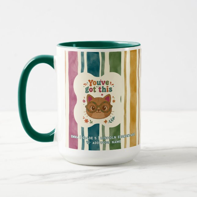 Personalised Back to School Retro Striped Cat Mug (Left)