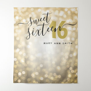 Personalised Backdrop Gold Lights Sweet 16 Tapestry