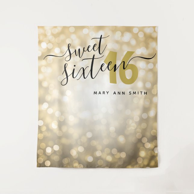 Personalised Backdrop Gold Lights Sweet 16 Tapestry (Front)
