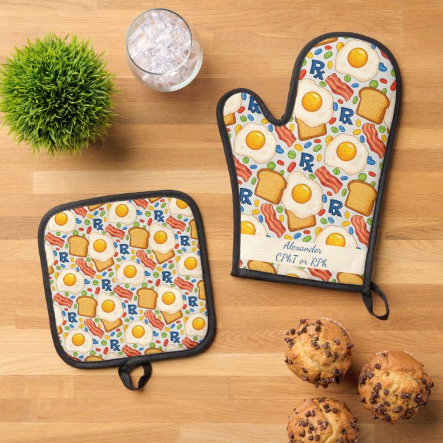 Personalised Bacon & Eggs Pharmacy RX Oven Mitt & Pot Holder Set (Top Down)