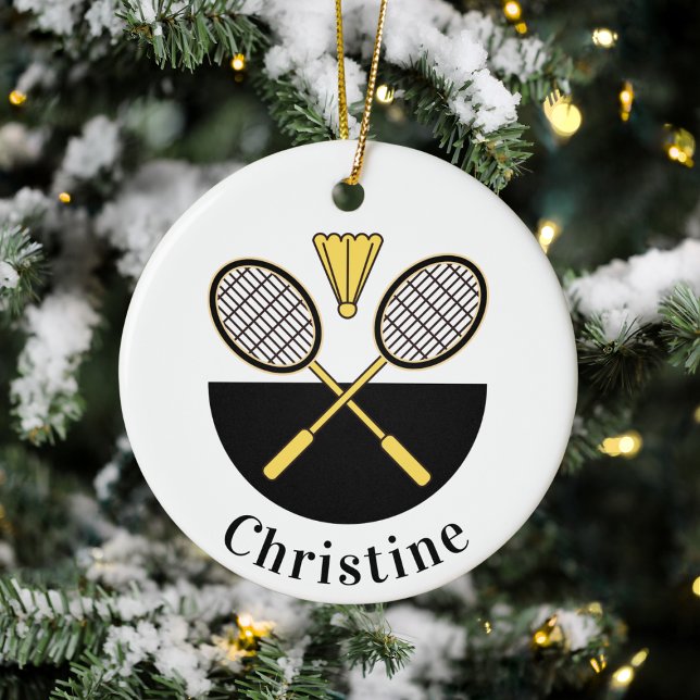 Personalised Badminton Rackets & Bird Yellow Black Ceramic Tree Decoration (Creator Uploaded)