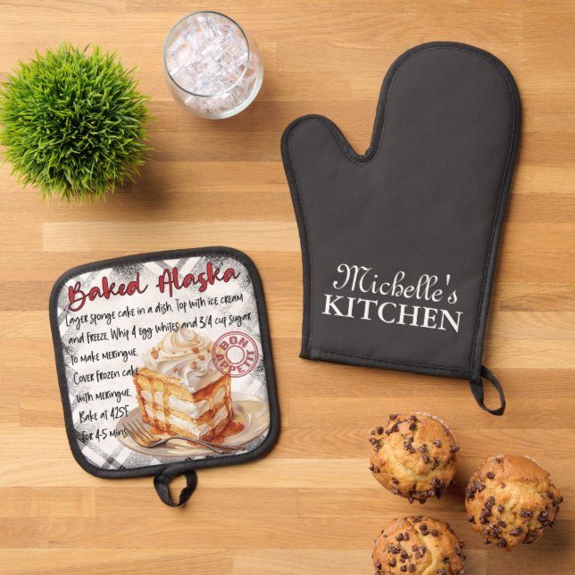 Personalised Baked Alaska Baking Recipe Oven Mitt & Pot Holder Set (Top Down)