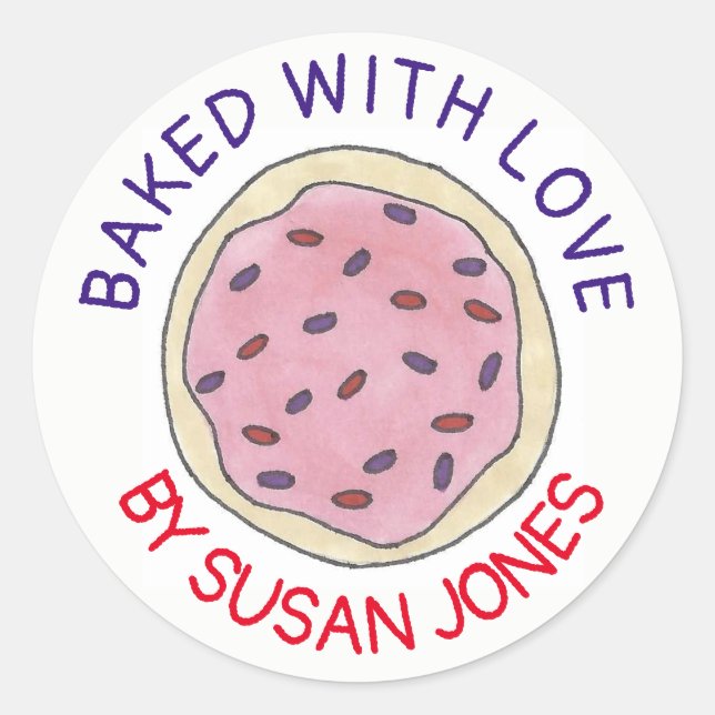 Personalised Baked By With Love Pink Sugar Cookie Classic Round Sticker (Front)