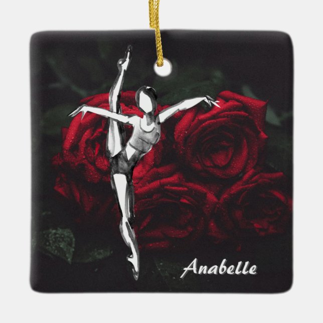 Personalised Ballerina and Roses Ballet Christmas Ceramic Ornament (Front)