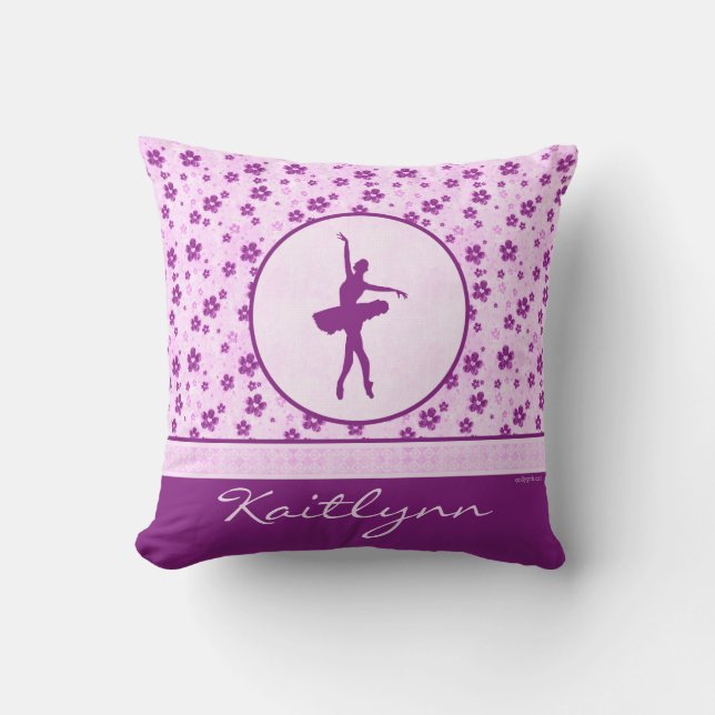 Personalised Ballet Dancer Purple Heart Floral Cushion (Front)