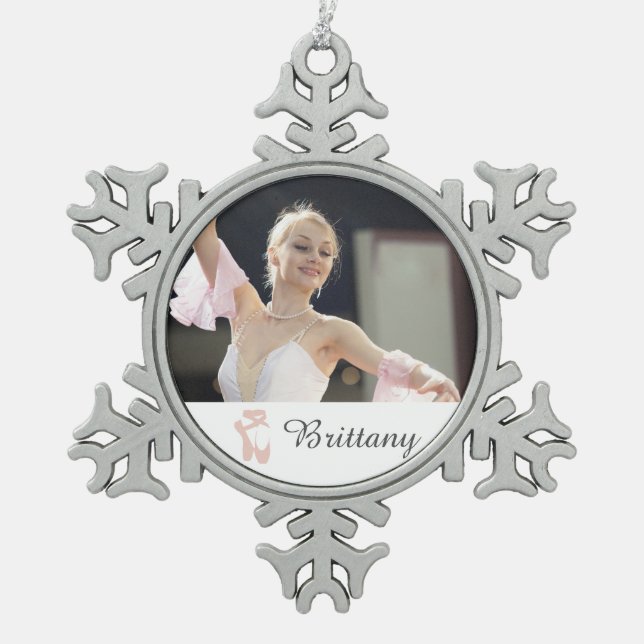 Personalised Ballet Photo Ballerina Name Slippers Snowflake Pewter Christmas Ornament (Front)
