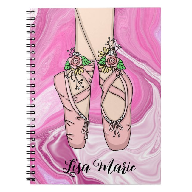 Personalised Ballet Slippers Pink and White Marble Notebook (Front)