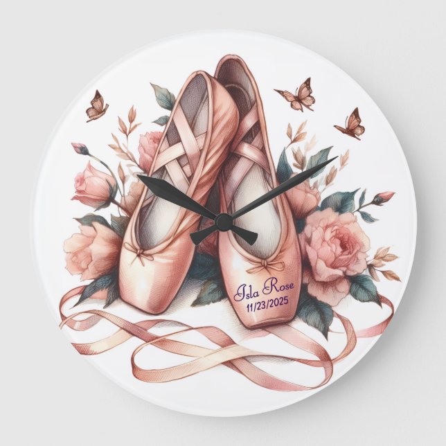 Personalised Ballet Slippers & Roses Wall Clock (Front)