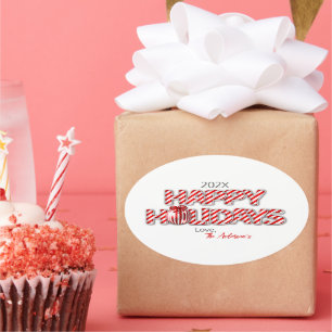 Personalised Balloon Happy Holidays Peppermint Oval Sticker