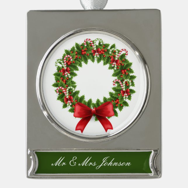 Personalised Banner Ornament Silver Plated/Wreath (Front)