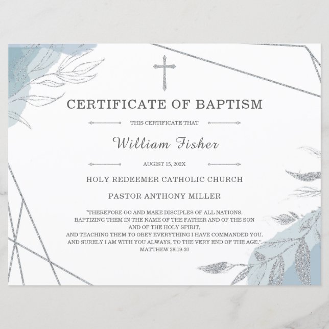 Personalised Baptism Certificate Template Editable (Front)