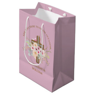 Personalised Baptism & Christening Floral Cross Medium Gift Bag