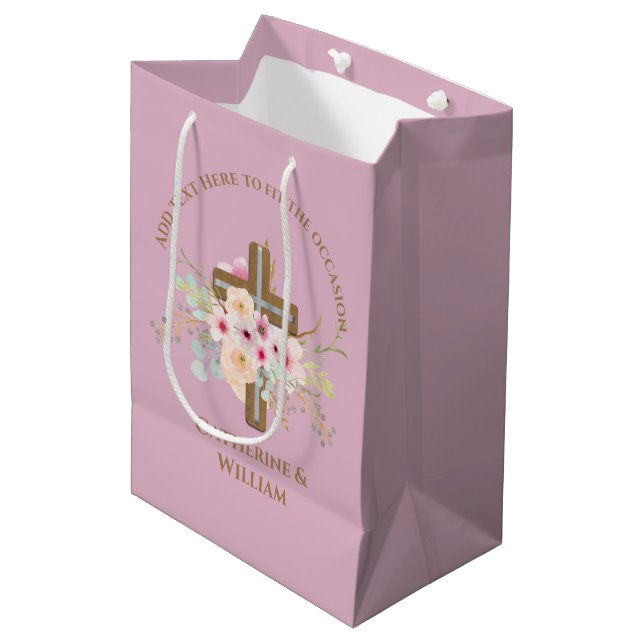 Personalised Baptism & Christening Floral Cross Medium Gift Bag (Front Angled)