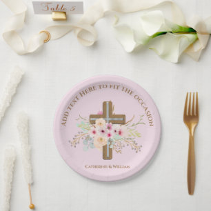 Personalised Baptism & Christening Floral Cross Paper Plate