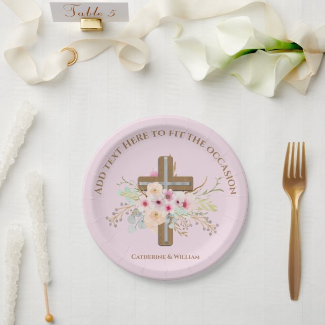 Personalised Baptism & Christening Floral Cross Paper Plate (Wedding)