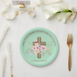 Personalised Baptism & Christening Floral Cross Paper Plate
