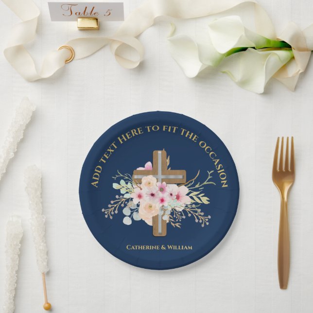 Personalised Baptism & Christening Floral Cross Paper Plate (Wedding)