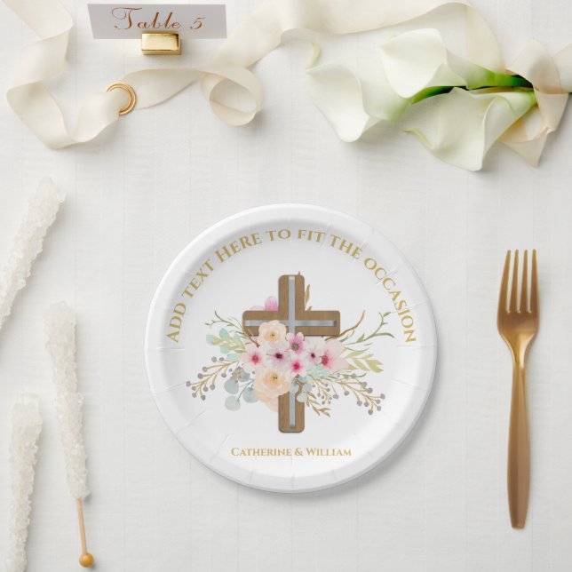Personalised Baptism & Christening Floral Cross Paper Plate (Wedding)