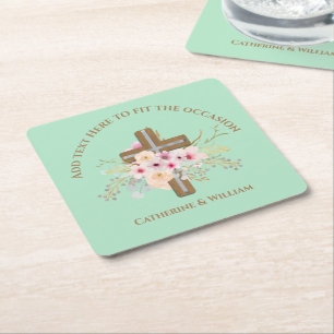 Personalised Baptism & Christening Floral Cross Square Paper Coaster
