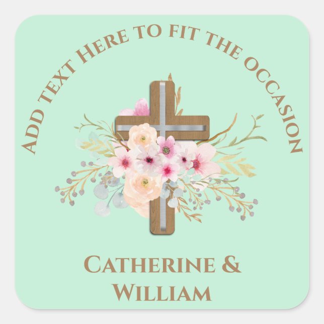 Personalised Baptism & Christening Floral Cross Square Sticker (Front)