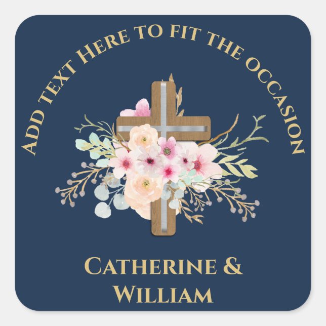 Personalised Baptism & Christening Floral Cross Square Sticker (Front)