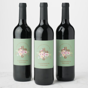 Personalised Baptism & Christening Floral Cross Wine Label