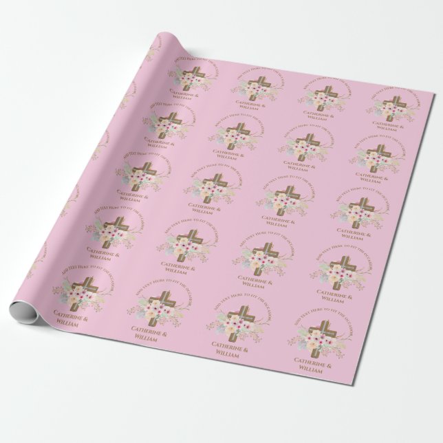 Personalised Baptism & Christening Floral Cross Wrapping Paper (Unrolled)