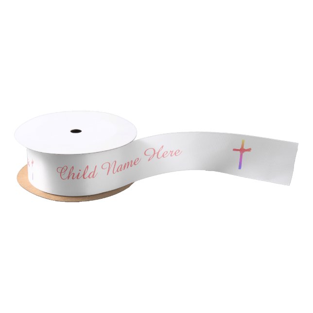  Personalised Baptism Communion Rose Pink Cross Satin Ribbon (Spool)