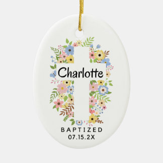 Personalised Baptism Girl Floral Cross Two Sides  Ceramic Tree Decoration