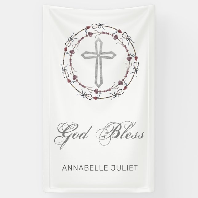 Personalised Baptism God Bless Christian Cross  Banner (Vertical)