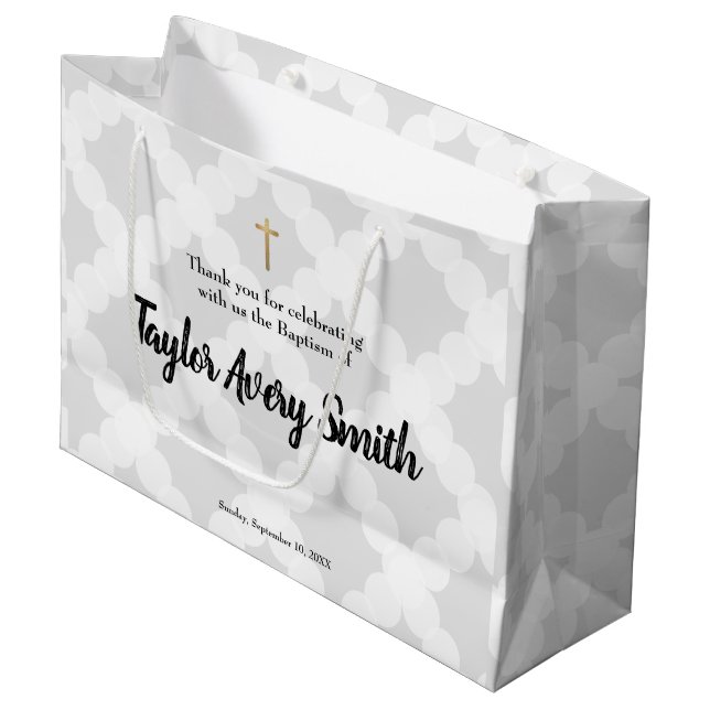 Personalised Baptism Grey Gold Cross Baby Large Gift Bag (Front Angled)