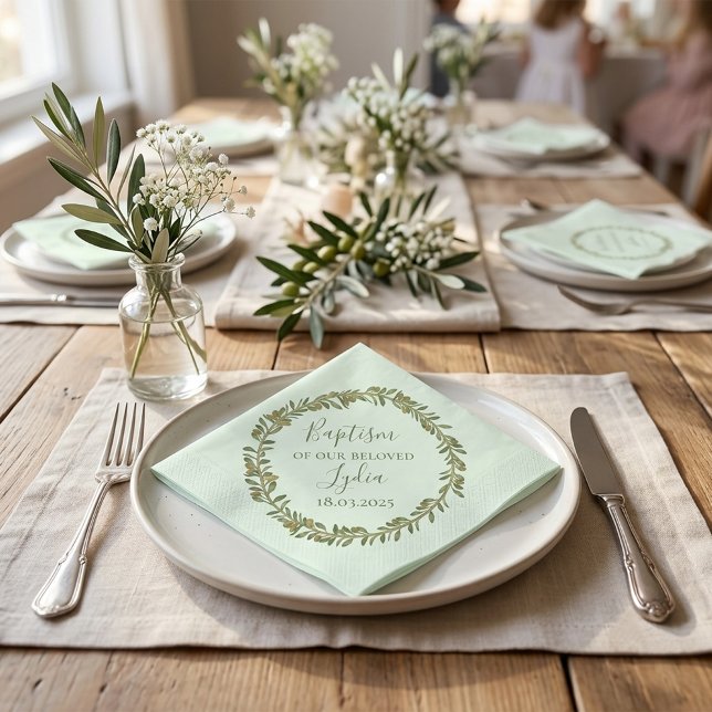 Personalised Baptism Olive Wreath Paper Napkin (Creator Uploaded)