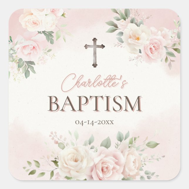 Personalised Baptism Pink Roses Square Sticker (Front)