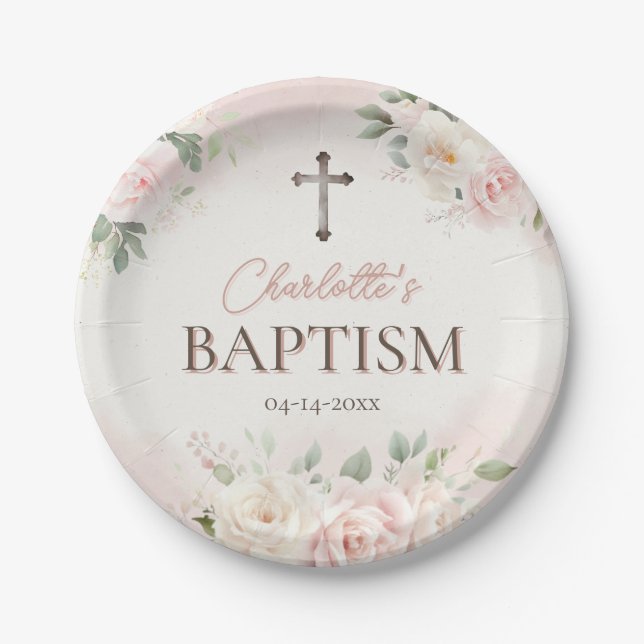 Personalised Baptism Plate -  Roses Favour Tags (Front)