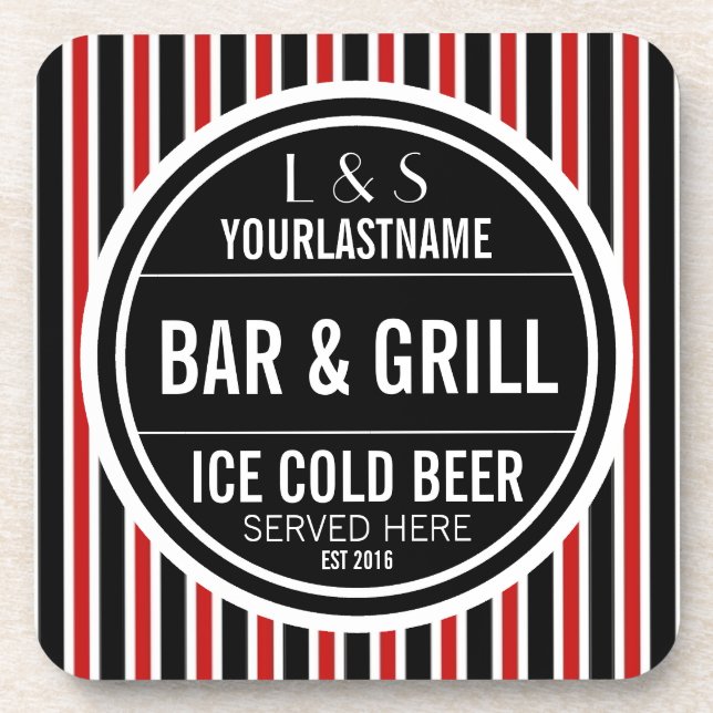Personalised Bar and Grill Black White Red Coaster (Front)