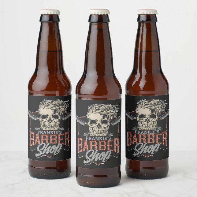 Personalised Barber Shop Hipster Skull and Razors  Beer Bottle Label (Bottles)