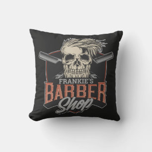 Personalised Barber Shop Hipster Skull and Razors Cushion
