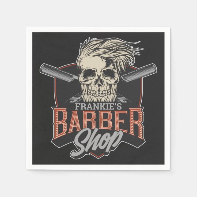 Personalised Barber Shop Hipster Skull and Razors Napkin (Front)