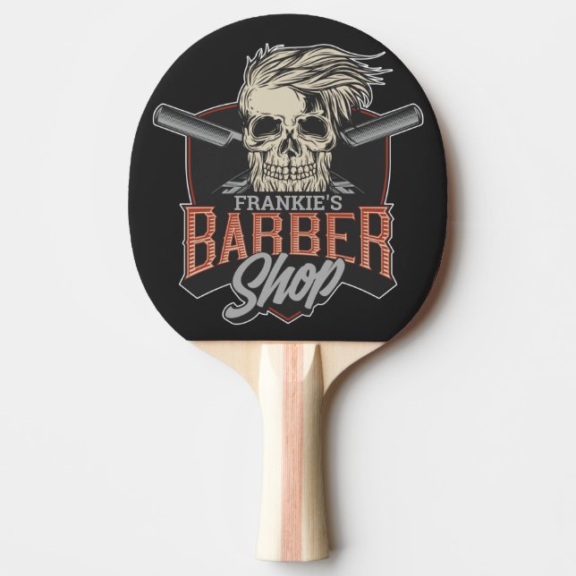 Personalised Barber Shop Hipster Skull and Razors Ping Pong Paddle (Front)