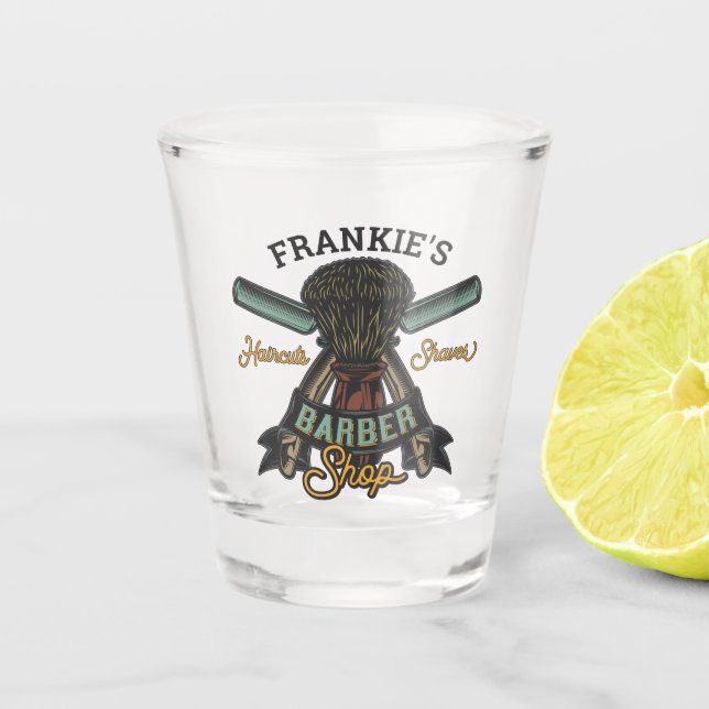 Personalised Barber Shop Retro Haircuts Shaves  Shot Glass (Front)