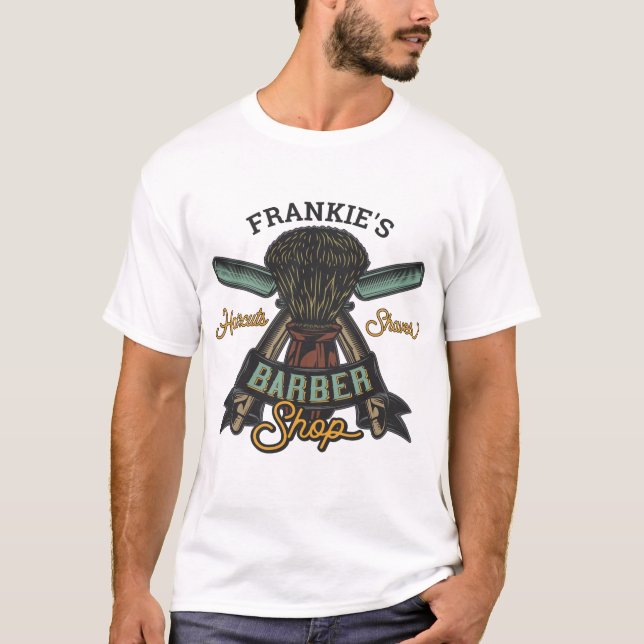 Personalised Barber Shop Retro Haircuts Shaves  T-Shirt (Front)