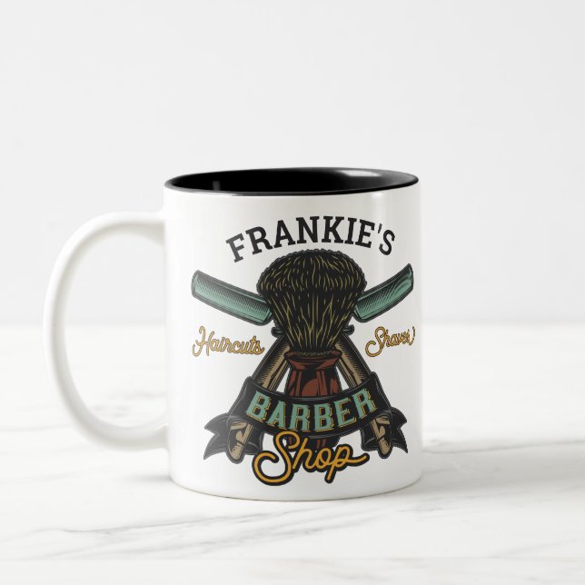 Personalised Barber Shop Retro Haircuts Shaves  Two-Tone Coffee Mug (Left)