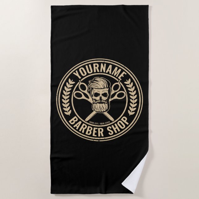 Personalised Barber Shop Skull Rockabilly Salon Beach Towel (Front)