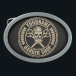 Personalised Barber Shop Skull Rockabilly Salon  Belt Buckle<br><div class="desc">Personalised Barber Shop Rockabilly Skull and Scissors,  featuring bearded hipster skeleton hair salon design. Customise with your Name or Custom Text.</div>