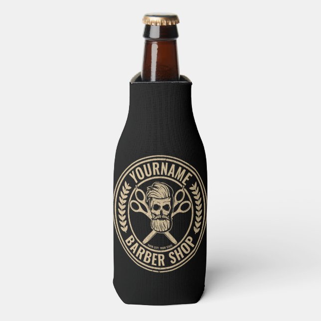 Personalised Barber Shop Skull Rockabilly Salon  Bottle Cooler (Bottle Front)