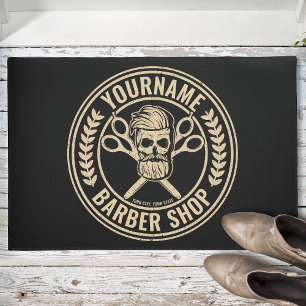 Personalised Barber Shop Skull Rockabilly Salon Doormat